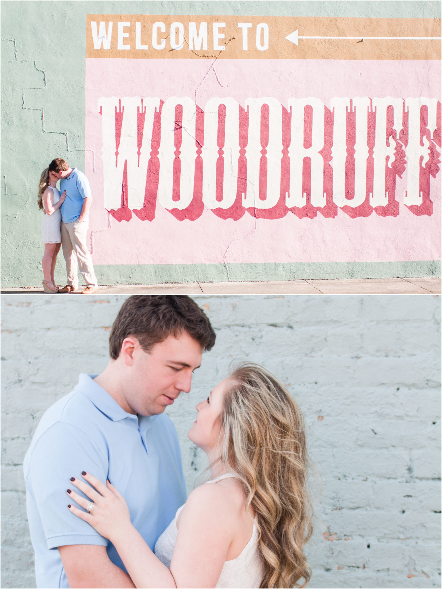 Engagement Photography using painted buildings in Woodruff, South Carolina