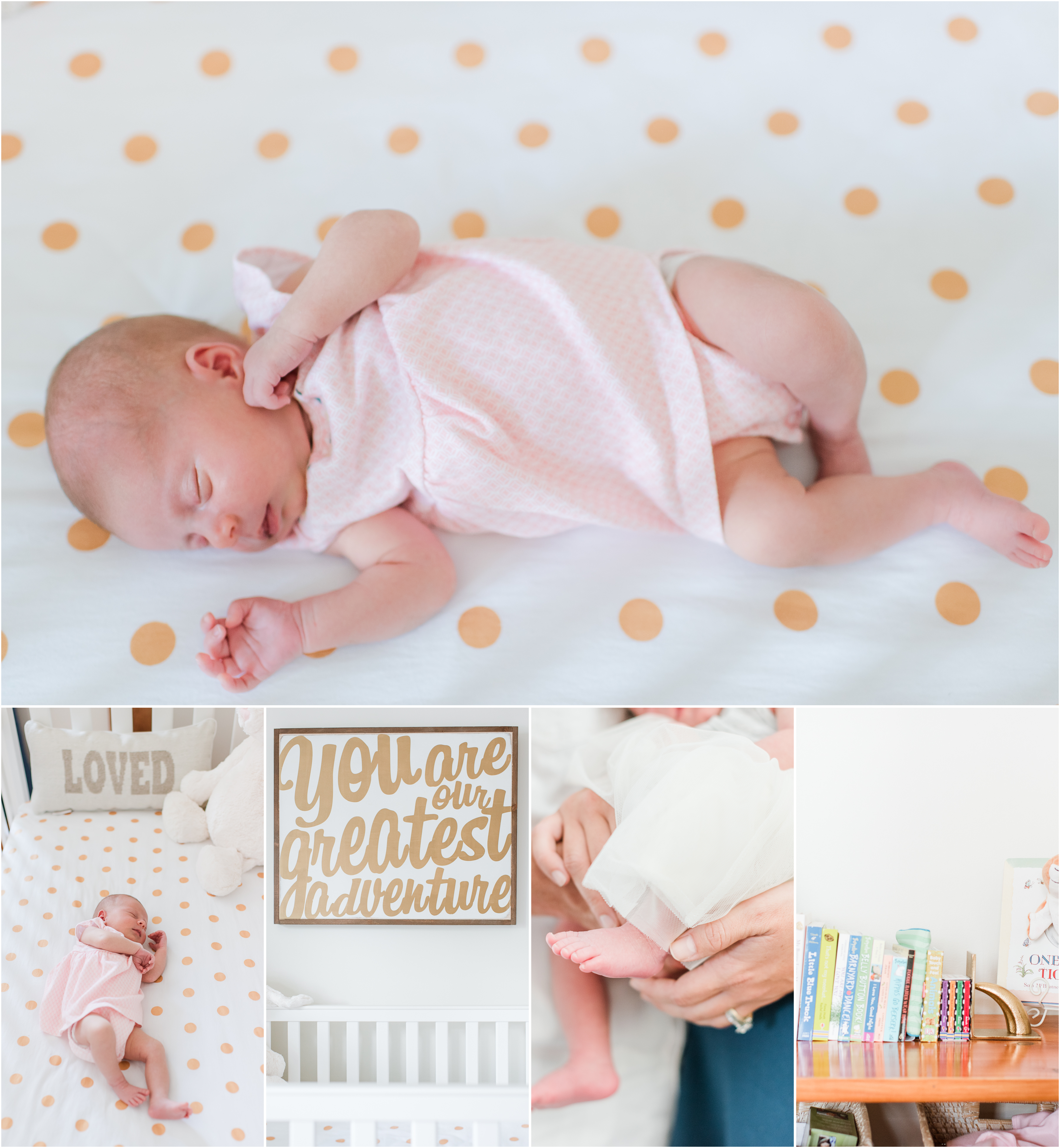 Lifestyle newborn session with pink and gold details