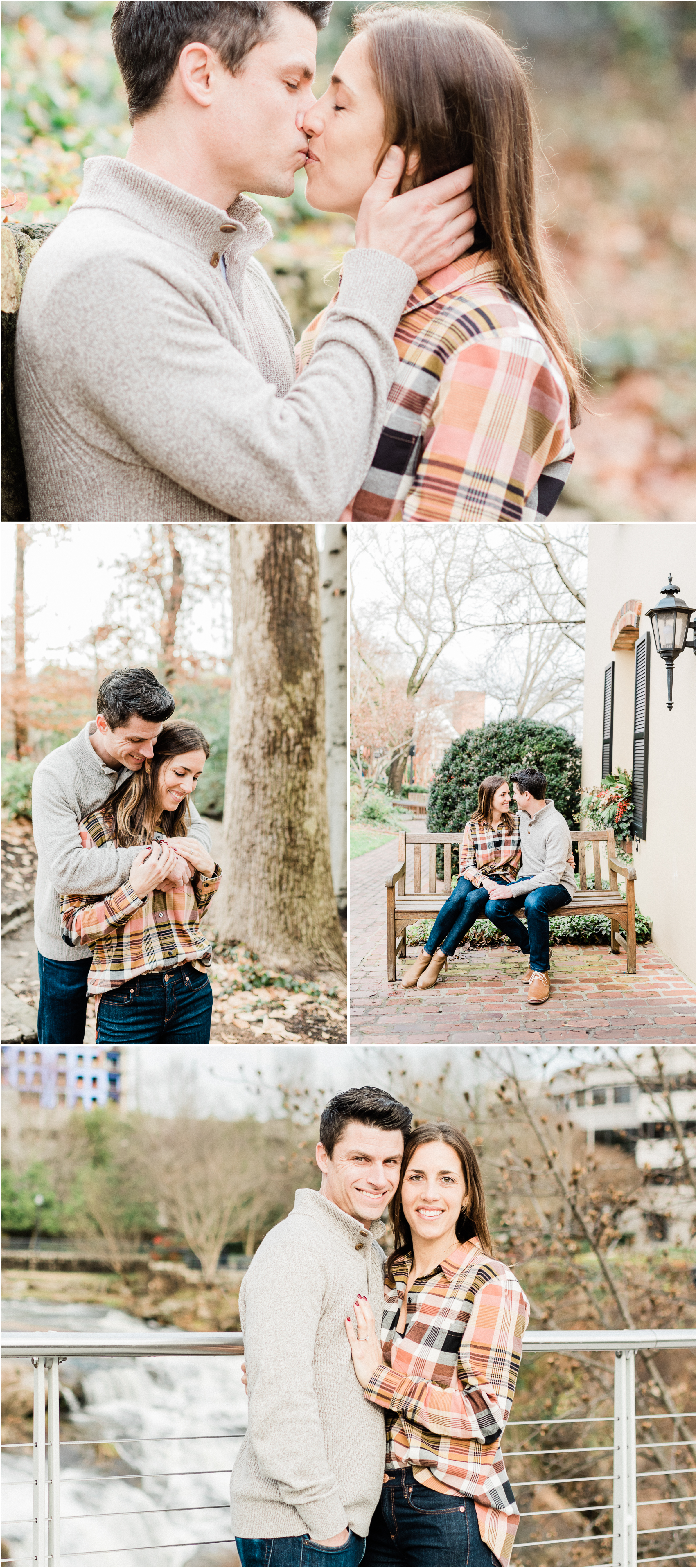 Winter downtown Greenville engagement in Falls Park