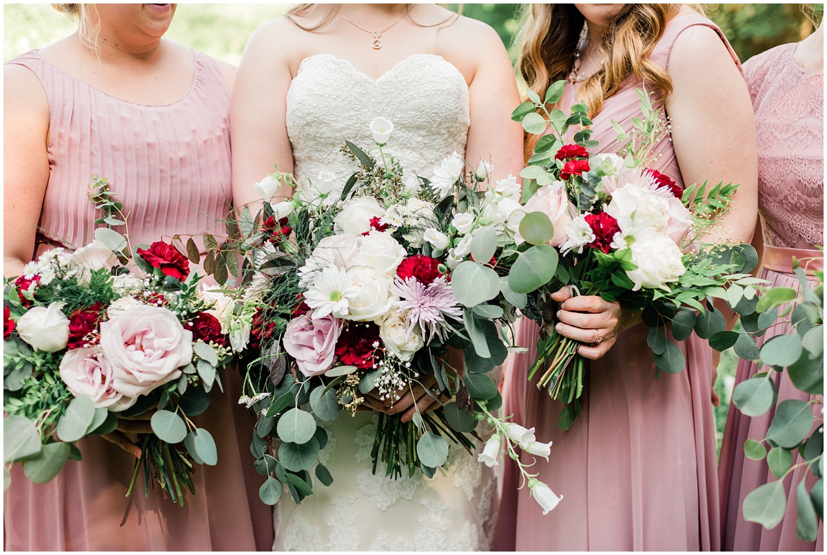 Maroon, blush and eucalyptus wedding flowers