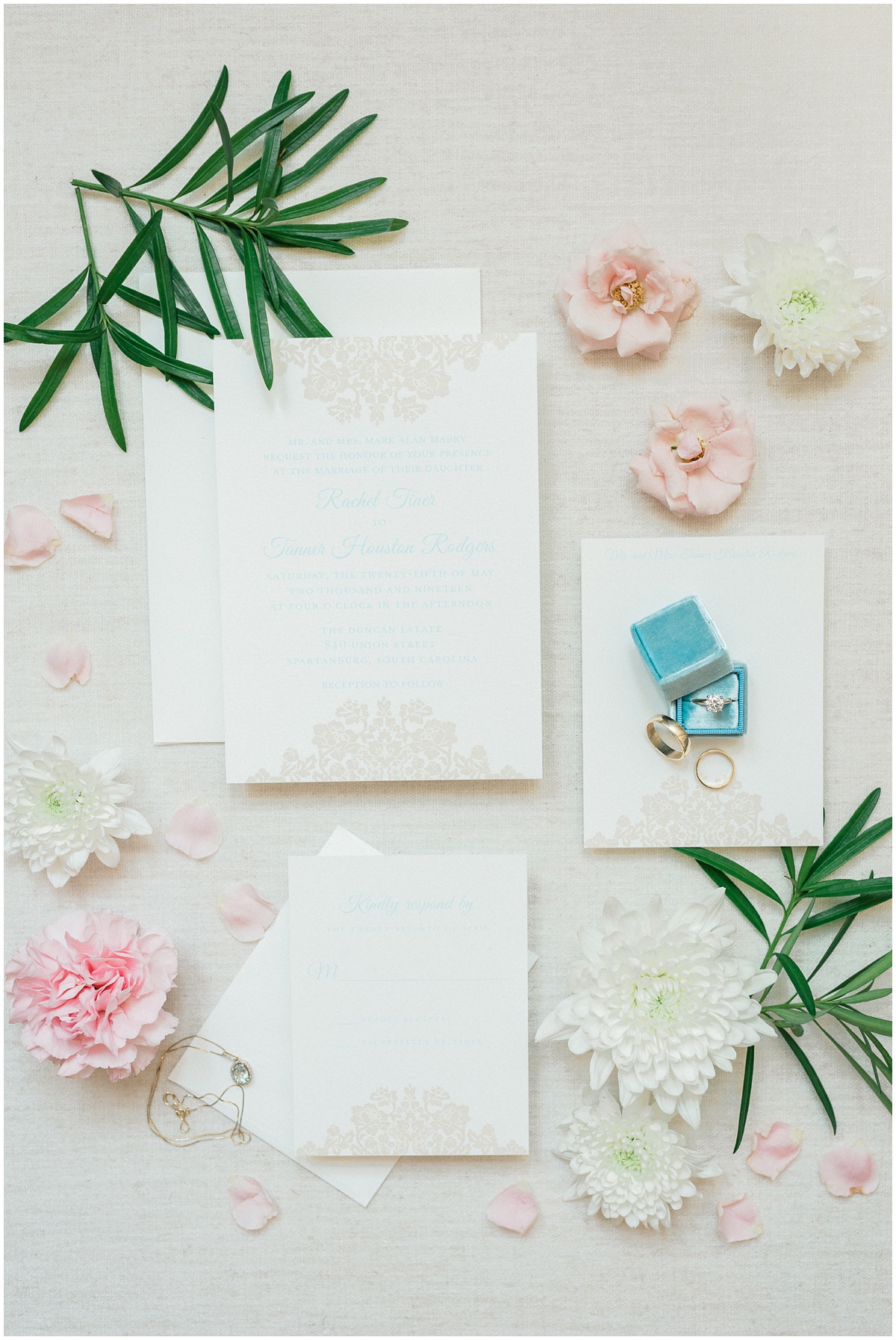 Blue and blush wedding invitation suite