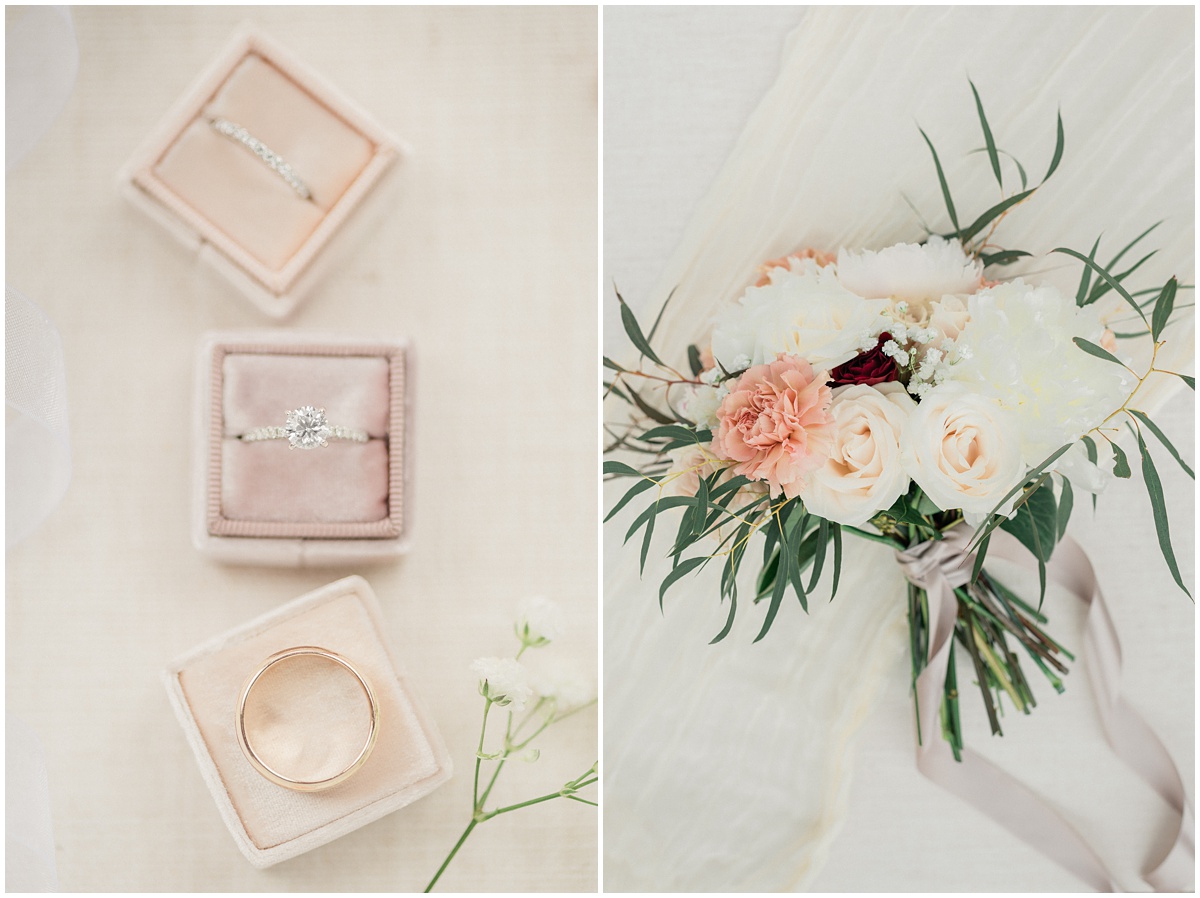 The Mrs. Box styled wedding rings and wedding bouquet