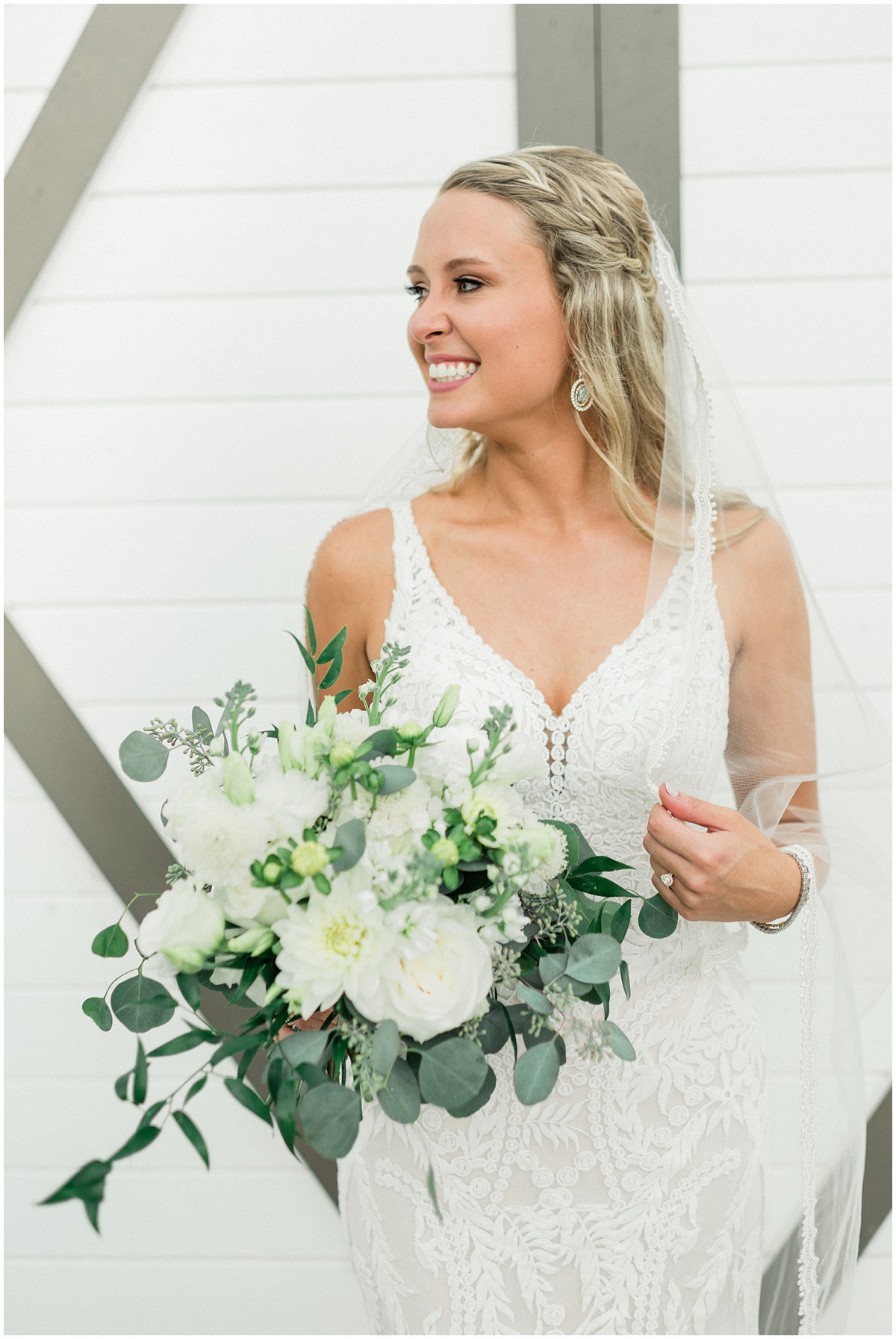 Bridal Portrait with white bouquet and eucalyptus