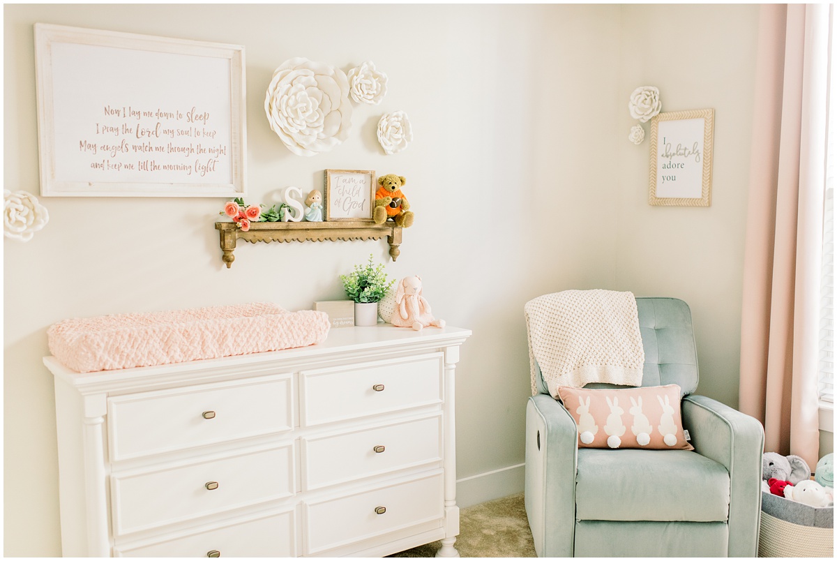 Baby girl nursery with pink and white.