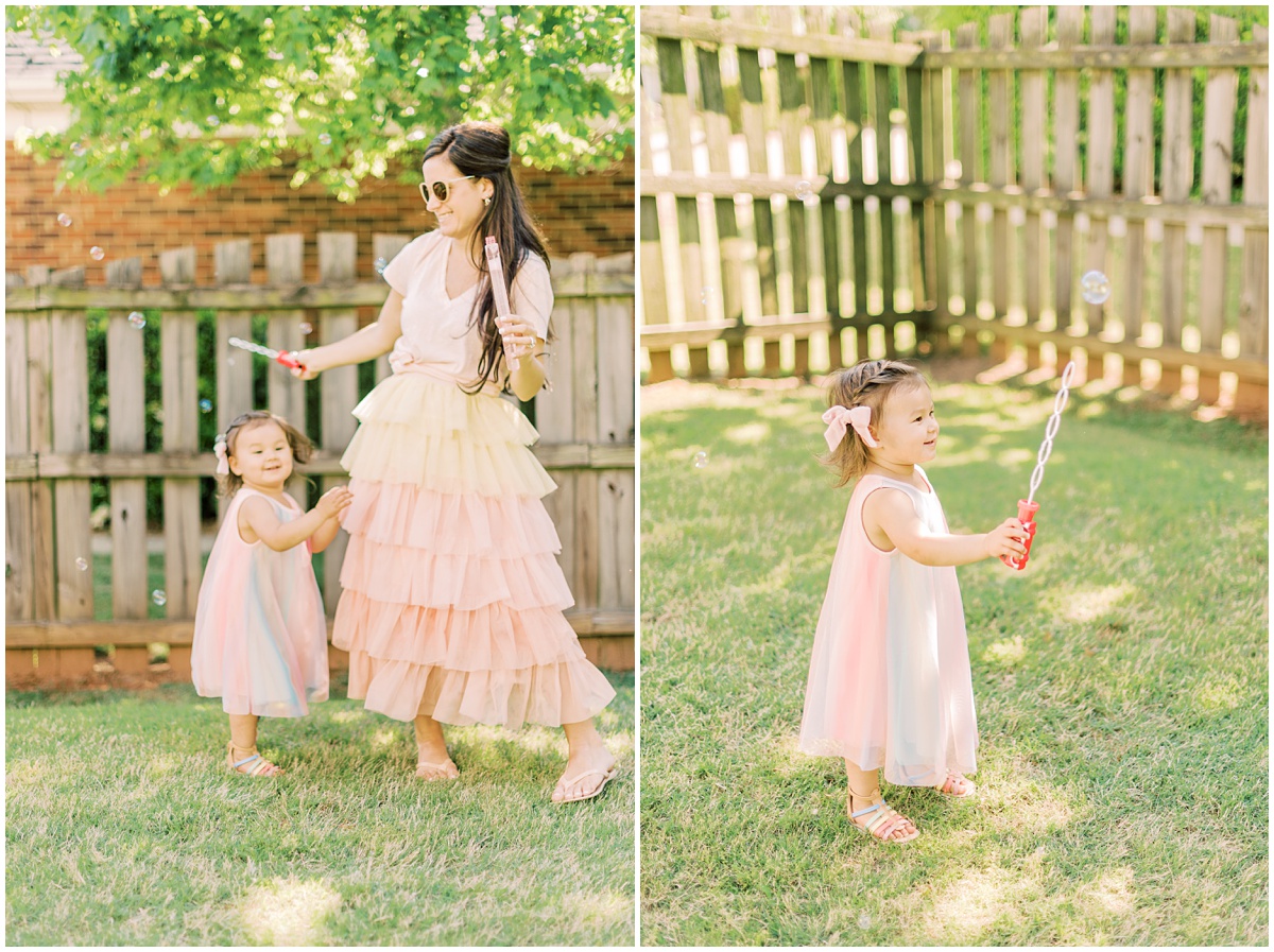 Pastel mommy daughter outfits and bubbles