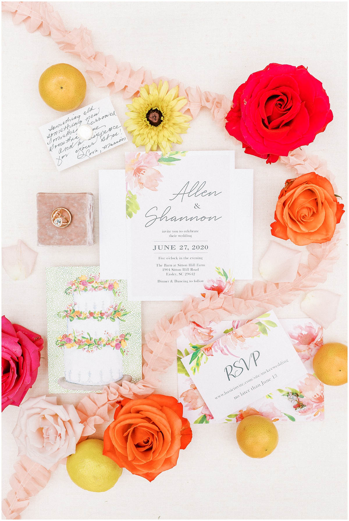 Bright peach and citrus themed wedding details