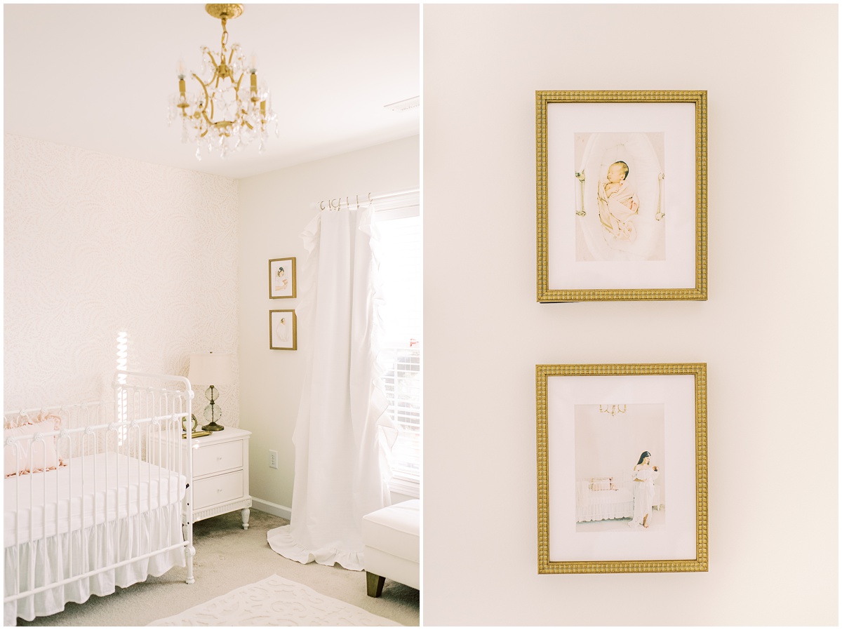 Pink and white baby girl nursery with gold details