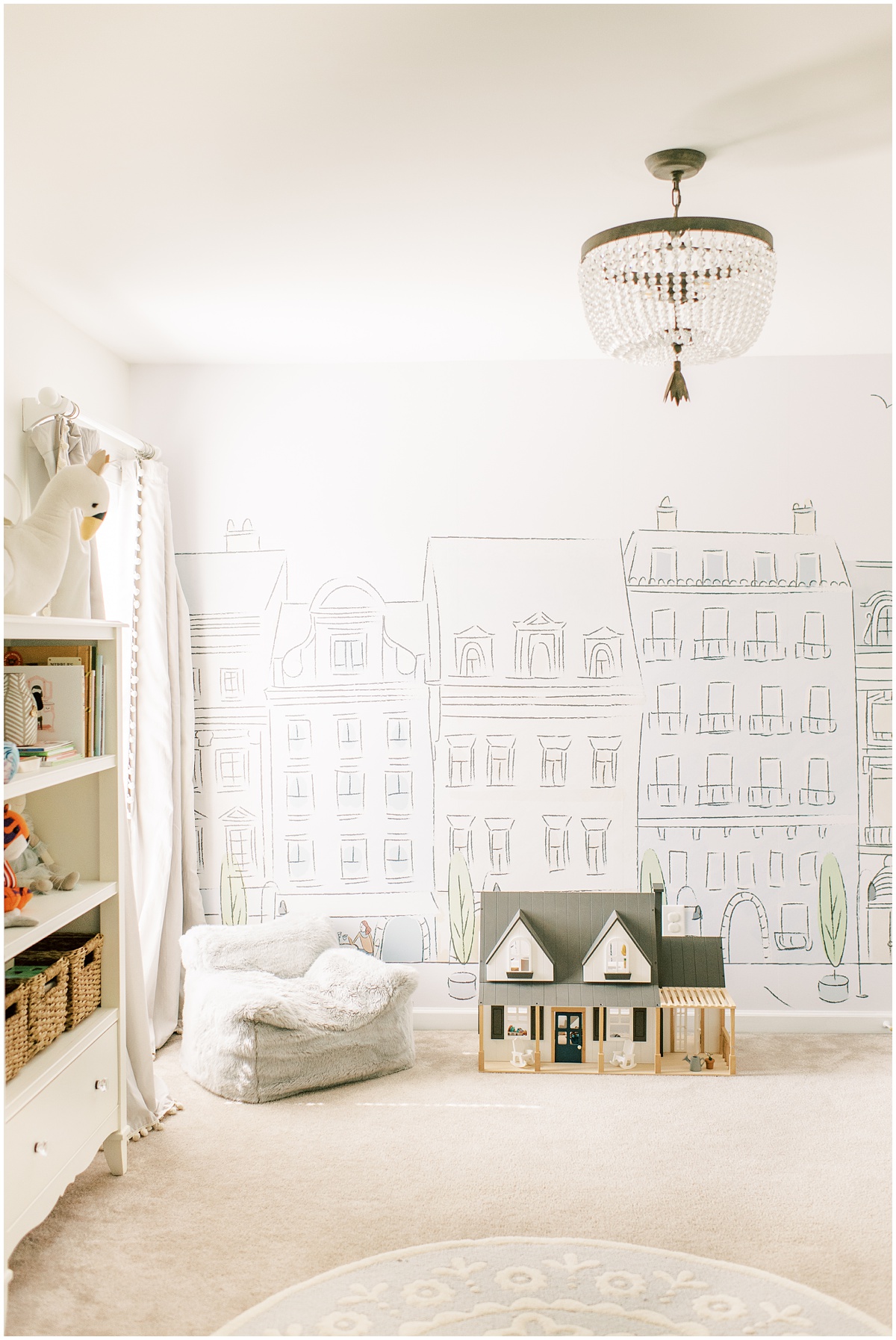 Toddler Paris theme room with white and grey details